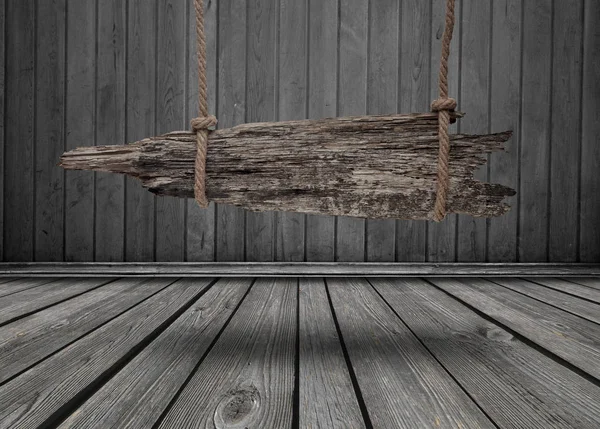 Старий Дерев Яний Банер Висить Темній Гранжевій Кімнаті Копіює Простір — стокове фото