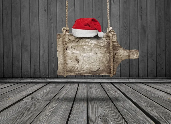 Altes Hölzernes Banner Mit Weihnachtsmütze Das Einem Dunklen Grungy Raum — Stockfoto