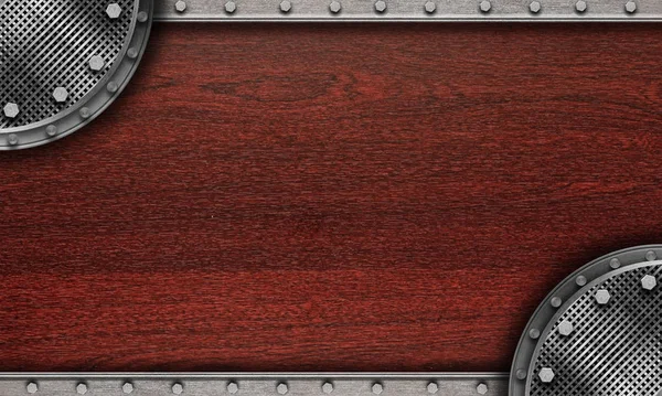 金属ラベルを持つ木製の背景 — ストック写真