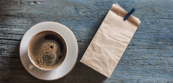 Overhead View Freshly Brewed Mug Espresso Coffee Rustic Wooden Background — Stock Photo, Image