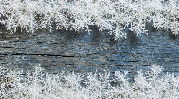 Fundo Natal Com Flocos Neve Textura Madeira — Fotografia de Stock