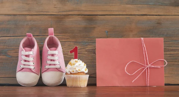 Decoración Fondo Festivo Para Celebración Del Cumpleaños Con Deliciosos Cupcakes — Foto de Stock