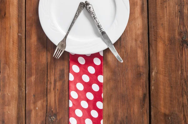 Red Polka Dot Towel Plate Wooden Tabletop Top View Copy — Stock Photo, Image