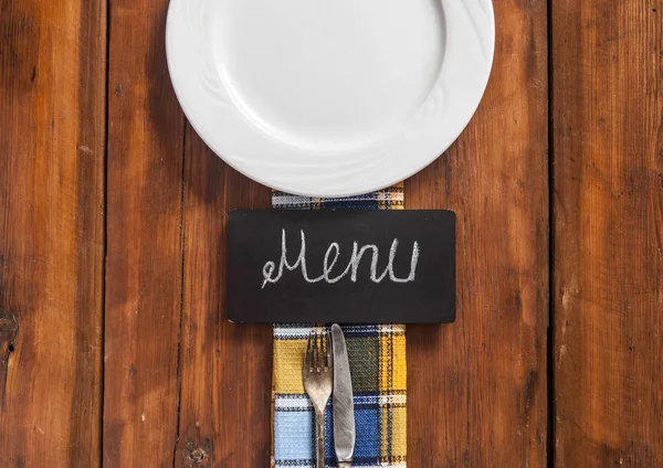 Restaurant Menu Design Restaurant Menu Empty Plate Cutlery Wooden Background — Stock Photo, Image