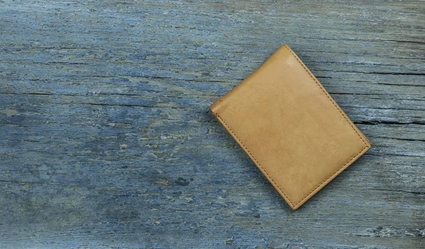 Кожаный Бумажник Деревянном Фоне Вид Сверху — стоковое фото