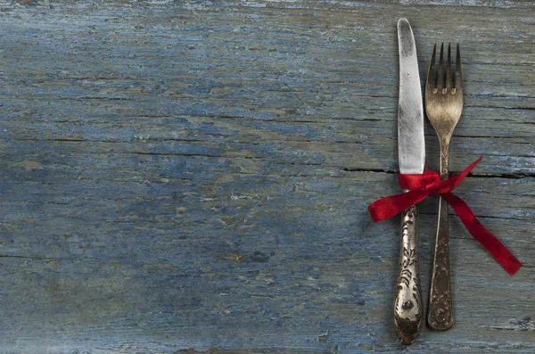 Vintage Fork Knife Tied Together Rope Placed Grunge Background — Stock Photo, Image