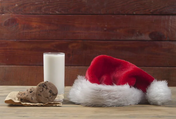 Christmas Cookies Glass Milk Santa Wooden Table New Year Concept — Stock Photo, Image