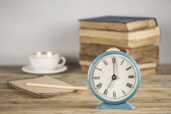 Concept Education Student Reading Book Wake Alarm Clock Reading Book — Stock Photo, Image