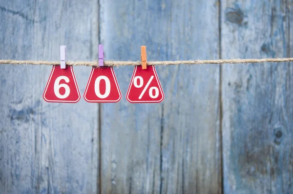 Sale Tags Sign Percent Hanging Brown Rope Wooden Wall Happy — Stock Photo, Image