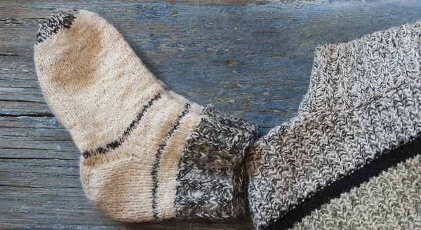 Knitted Handmade Wool Socks Wooden Boards Close — Stock Photo, Image
