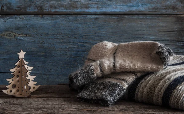 Gebreide Handgemaakte Wollen Sokken Houten Planken Close — Stockfoto
