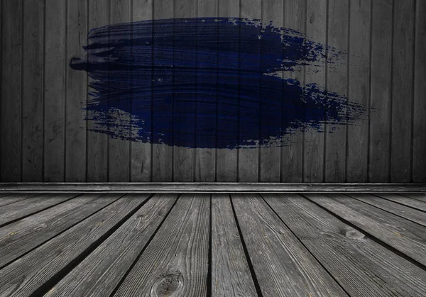 Traço Azul Escuro Escova Tinta Sala Madeira Copiar Espaço Para — Fotografia de Stock
