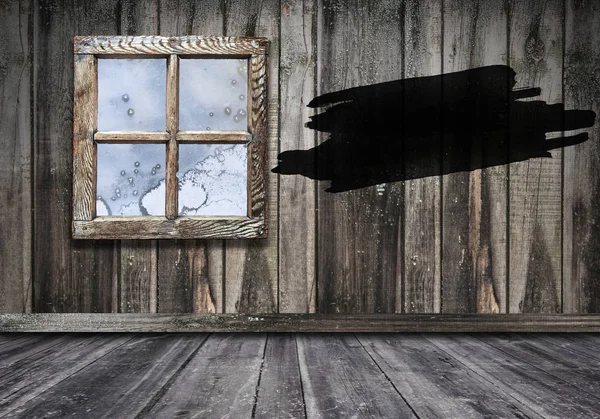 木製ルーム窓付けでペイント ブラシの黒色のストローク テキストのコピー スペース — ストック写真