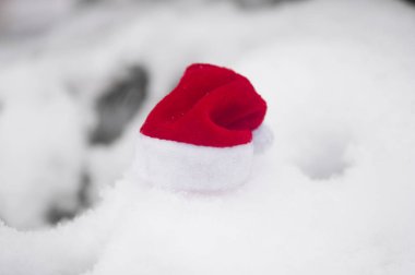 Noel arka plan ayaz çam ağacı ile kırmızı Santa şapka ile