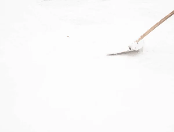 Winter Cleaning Concept Closeup Man Shoveling Snow Driveway — Stock Photo, Image