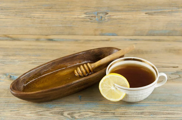 Xícara Chá Com Limão Mel Fundo Madeira — Fotografia de Stock