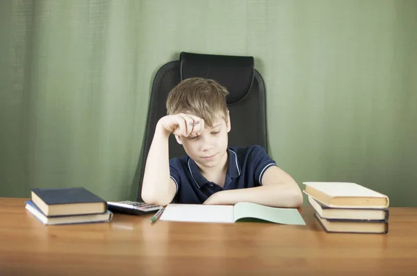 Gladlynt Pojke Med Massa Böcker Arbetar Sina Läxor Vid Bordet — Stockfoto