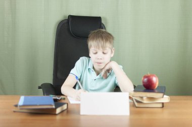 Birçok kitap ve kırmızı elma ile masada oturan akıllı okul çocuğu. Eğitim kavramı. 