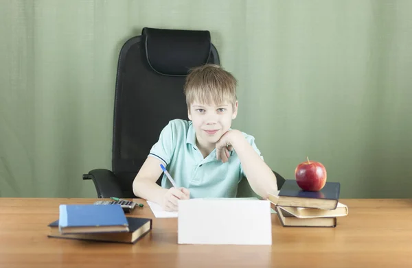 Smart Skola Pojke Sitter Vid Bordet Med Många Böcker Och — Stockfoto