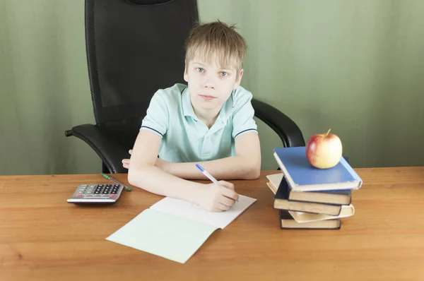 Slimme School Jongen Zitten Aan Tafel Met Vele Boeken Rode — Stockfoto