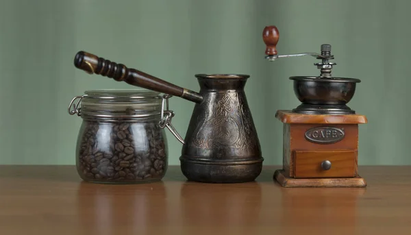 Roasted Coffee Beans Glass Jar Coffee Grinder Jezva Wood Table — Stock Photo, Image