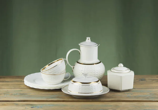 Ceramic Teapot Stack Cups Wooden Table Copy Space — Stock Photo, Image