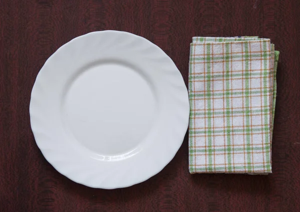 Blank Clean White Plate Colorful Napkin Wooden Background Food Invitation — Stock Photo, Image