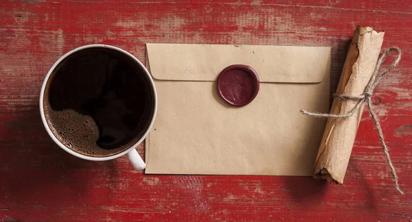 Envelopes with wax seal on coffee table — Stock Photo, Image