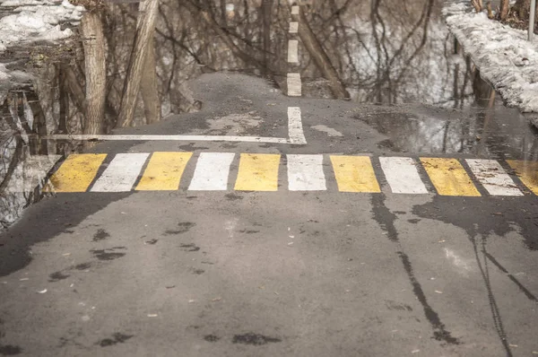 Вид на вуличний тротуар, мокрий після дощу з водяними калюжами — стокове фото