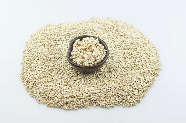 Sprouts of green buckwheat in a bowl. Macro shot. Raw buckwheat. — Stock Photo, Image