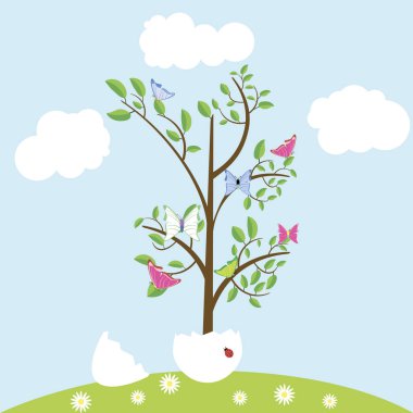 Renkli arka planda Paskalya yumurtası bahar ağacı. Vektör görüntüsü. 