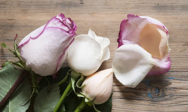 Ramo de rosas sobre mesa de madera . — Foto de Stock