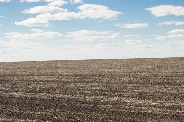 Plowed field in spring time with blue sky. — Stock Photo, Image