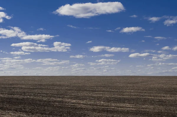 Plowed field in spring time with blue sky. — Stock Photo, Image