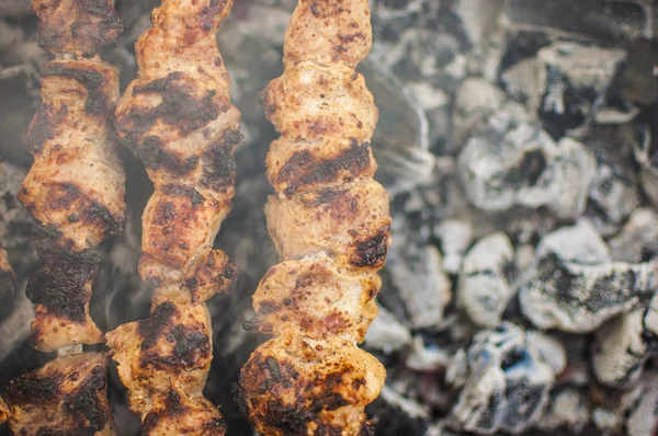 Preparation of meat slices in sauce on fire — Stock Photo, Image