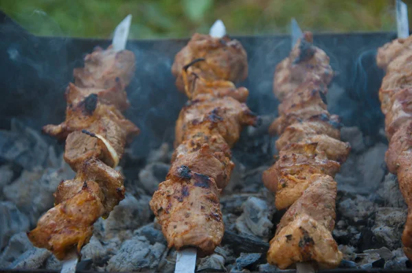 La preparación de los trozos de carne en la salsa a fuego —  Fotos de Stock