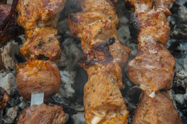 La preparación de los trozos de carne en la salsa a fuego —  Fotos de Stock