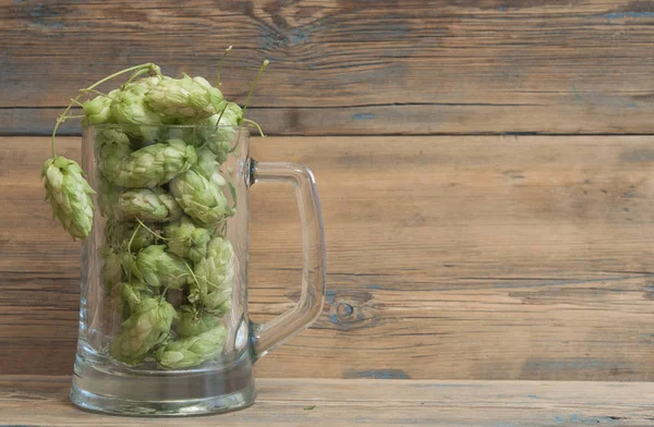 Glasbecher mit Hopfen auf Holzgrund — Stockfoto