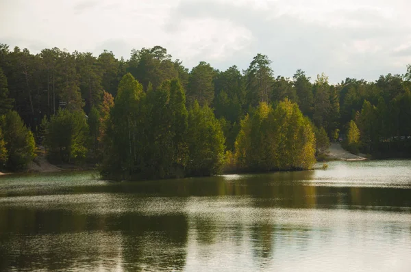 Eau bleue dans un lac forestier avec des pins — Photo