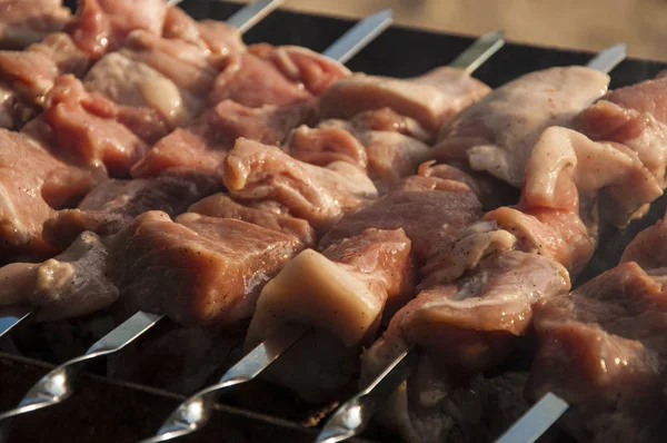 Shashlik cerdo en brochetas de cerca. Carne asada sobre fuego abierto —  Fotos de Stock