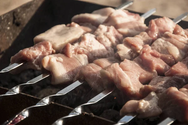 Shashlik porc sur brochettes fermer. Viande rôtie sur un feu ouvert — Photo