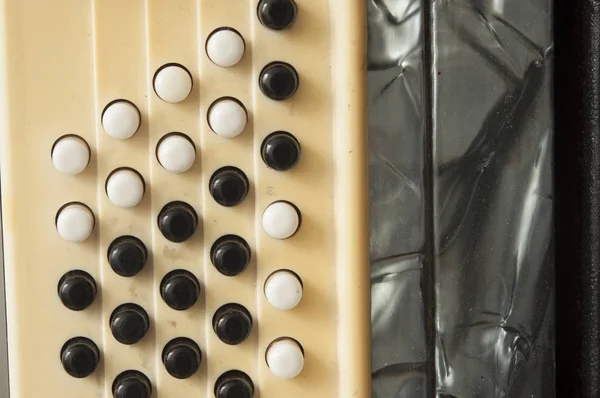 De oude zeldzame accordeon knoppen van dichtbij bekijken. — Stockfoto