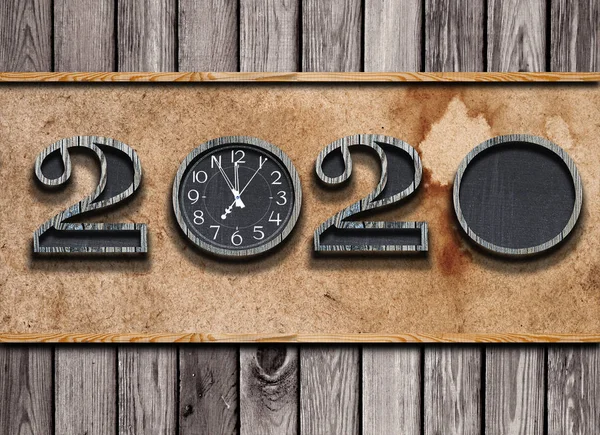 Digits symbol of the year 2020 with Santa hat on a wooden backgr — Stock fotografie