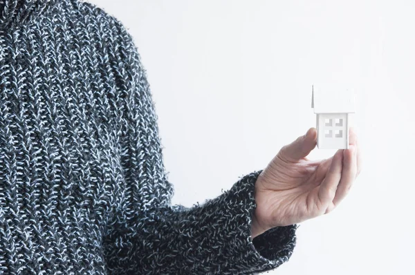 Mains féminines tenant dans les mains maison en pull bleu et posant o — Photo