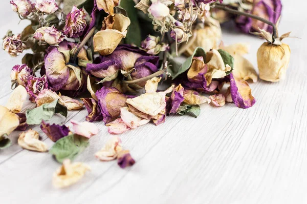 Ahşap zemin üzerinde kurumuş güller kopya alanı ile birlikte.