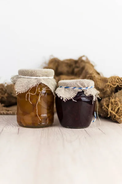 Apfelmarmelade Glasgläsern Auf Einem Holztisch Konserven Für Hause Hausgemachte Leckereien — Stockfoto