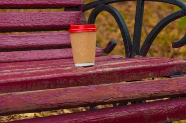 Sonbahar parkında bankta bir fincan kahve. Sonbahar pikniği kutsaması. Sonbahar yapraklarının arasına kahve gidecek..