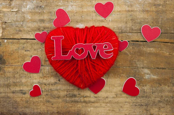 Red Heart Made Yarn Wall Wood — Stock Photo, Image