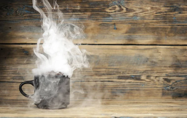 Hot Coffee Smoke Wooden Dark Background — Stock Photo, Image