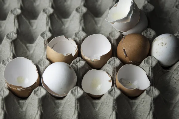 Много Скорлупы Яйца Разбросаны Картонное Яйцо — стоковое фото